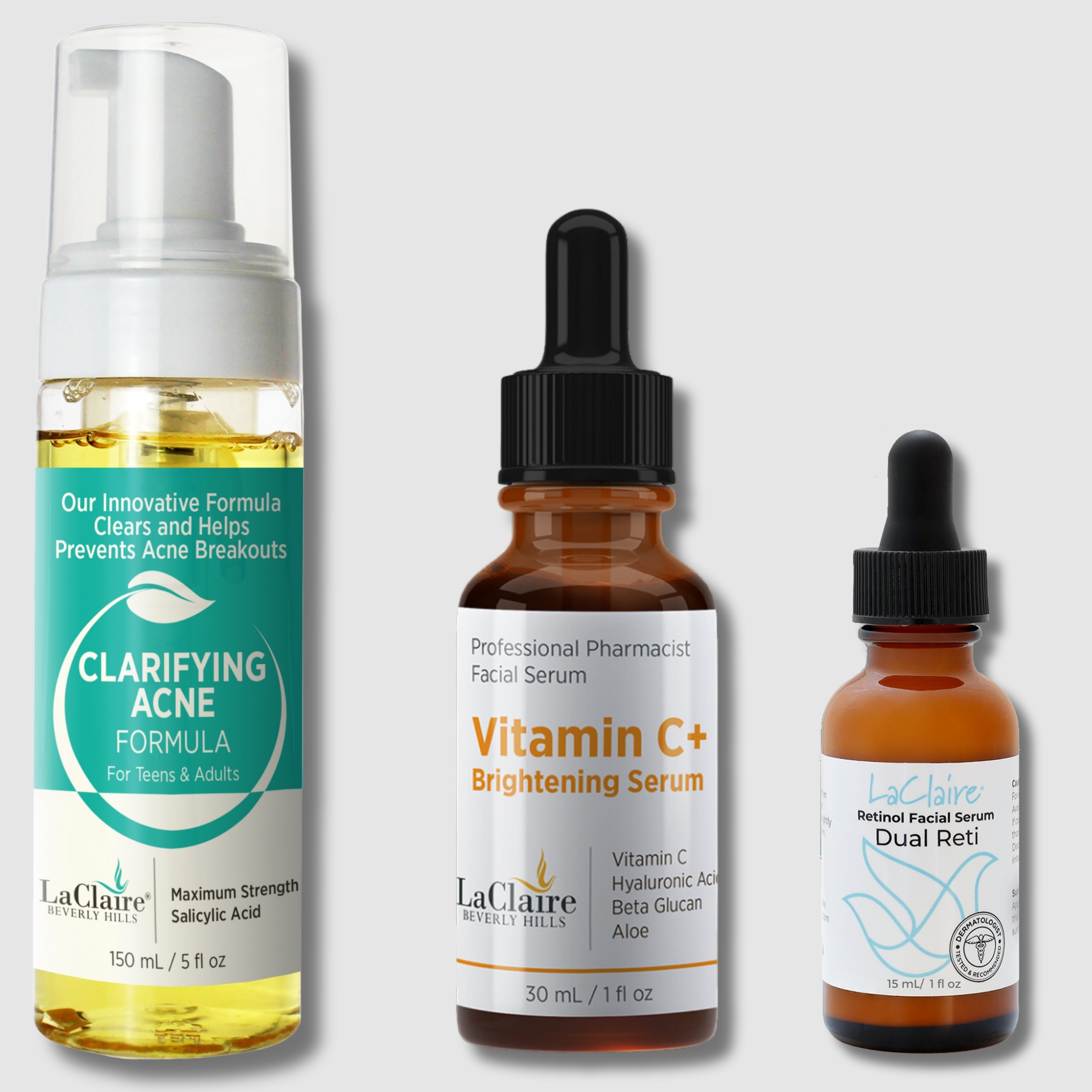Elegance Essentials 8% Complex Retinol Face Serum, Vitamin C Serum, and Acne Wash set for anti-aging, brightening, and firming skin.