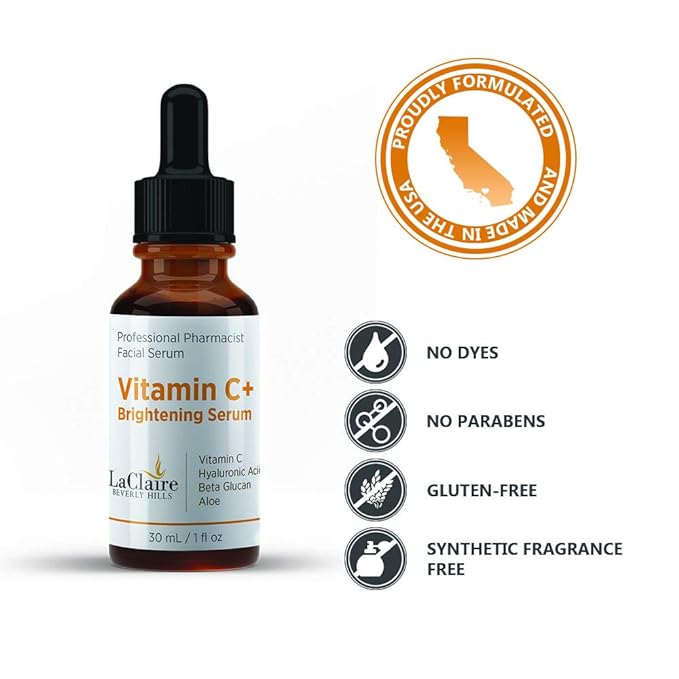Laclaire Vitamin C+ Serum – 1oz Brightening Face Serum with Hyaluronic Acid for Radiant Skin. Strong Vitamin C, Made in the USA.